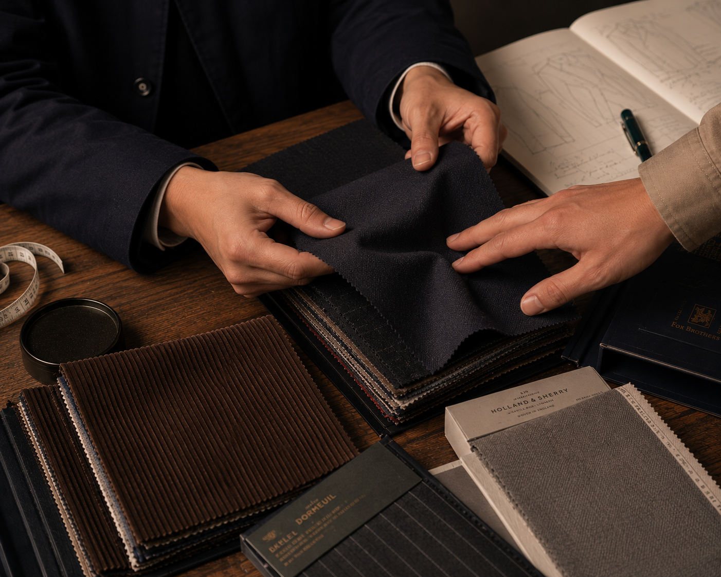 Hands reviewing fabric swatches during a private consultation
