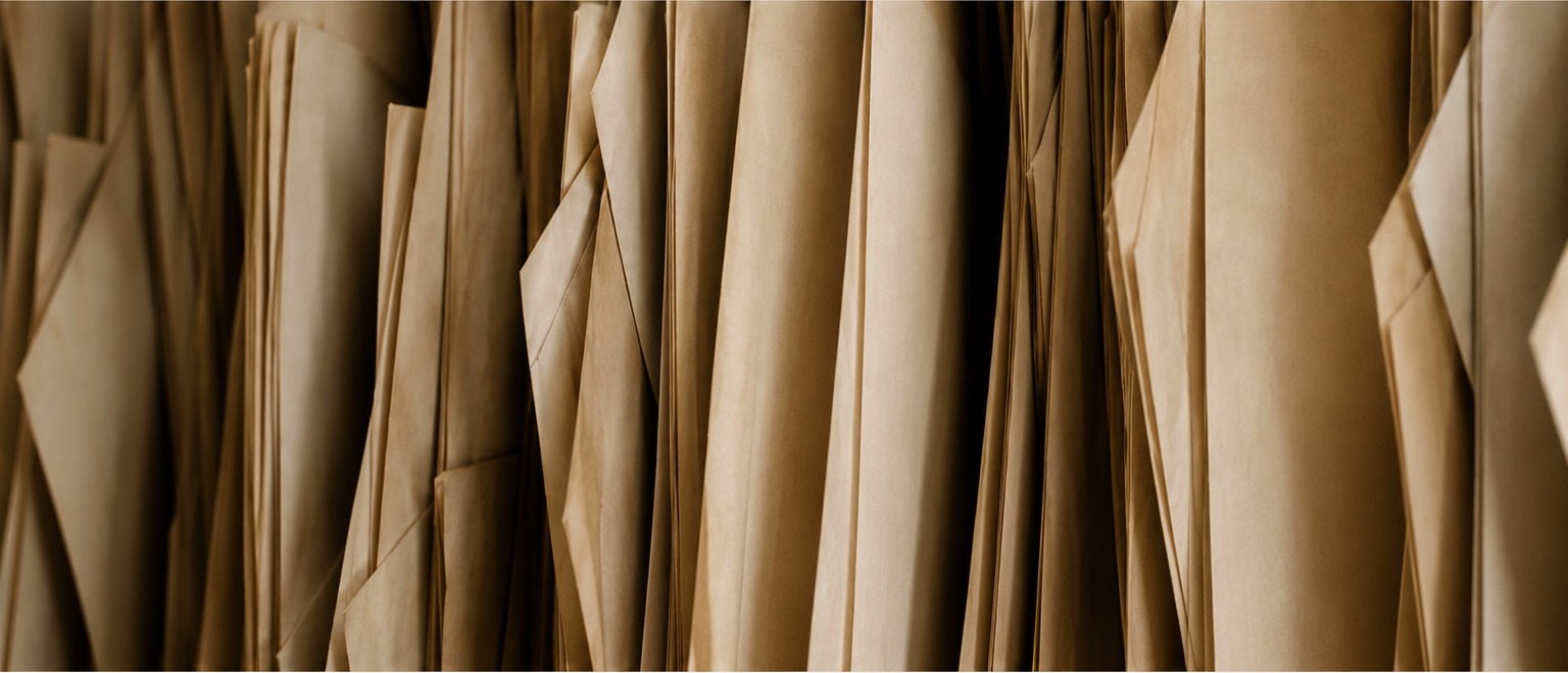 An archive of tailoring patterns hanging in the atelier