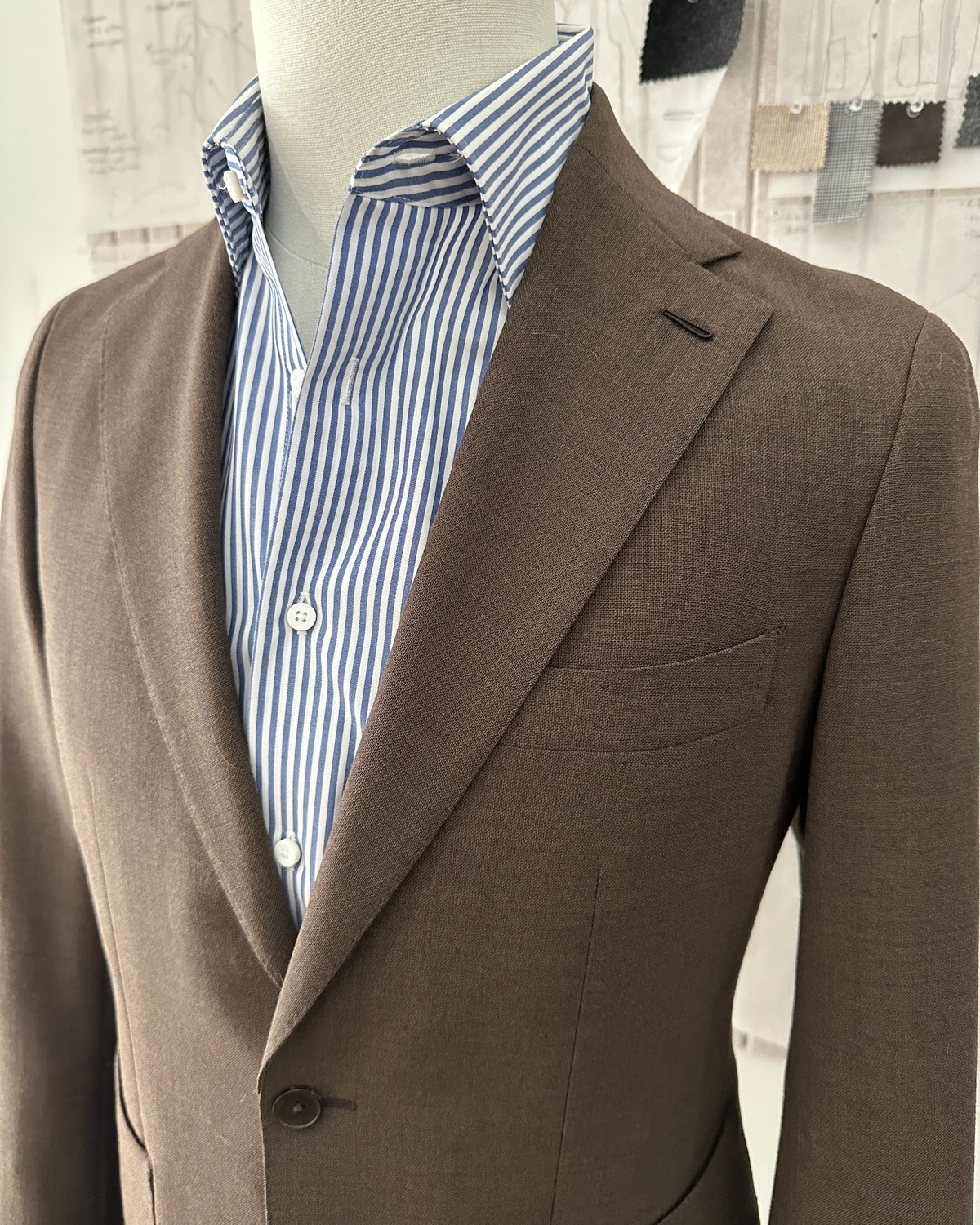 Tailored garment on a dress form showing balance through the shoulder and lapel